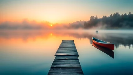 Fototapeten A serene sunrise over a misty lake featuring a wooden dock leading into the water and a lone red canoe floating peacefully. © Produzir
