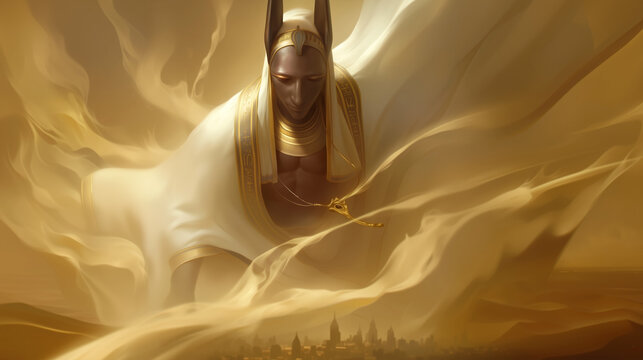 Seth, ancient Egyptian god of chaos, casting a sand storm on tiny city down below