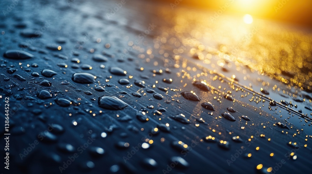 Poster dew drops glisten on a wooden surface as the sun sets in the background, creating a tranquil evening