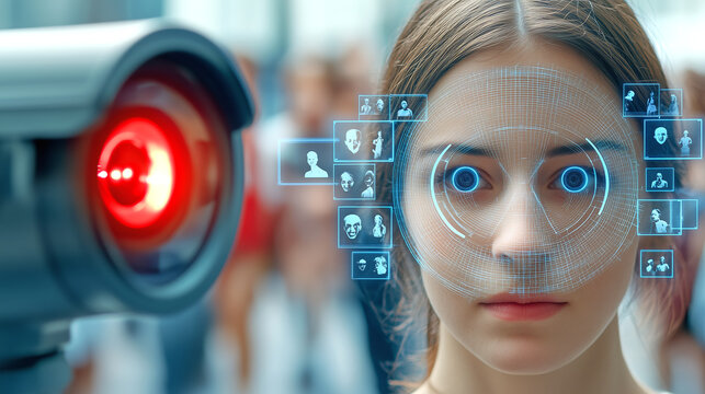 A young woman stands in a bustling city street while a high-tech surveillance camera scans her face. The device displays digital overlays of facial data, highlighting her features
