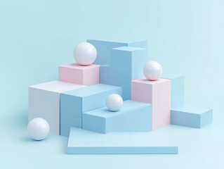 A playful arrangement of geometric shapes and spheres in pastel colors, set against a soft blue background, creating a modern and minimalistic aesthetic suitable for design projects
