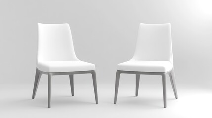 Two white upholstered chairs with gray legs stand on a white background. The chairs are modern and minimalist, positioned slightly apart. The image is a high-quality 3D render, brightly lit. The sty