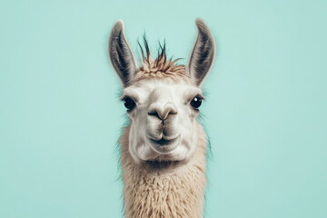 Obraz premium Minimalist profile of a white llama against a soft teal background. Elegant and calm, this portrait emphasizes the animal’s serene and graceful expression. 