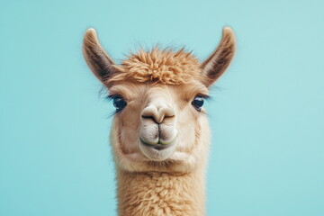 Obraz premium Minimalist profile of a white llama against a soft teal background. Elegant and calm, this portrait emphasizes the animal’s serene and graceful expression. 
