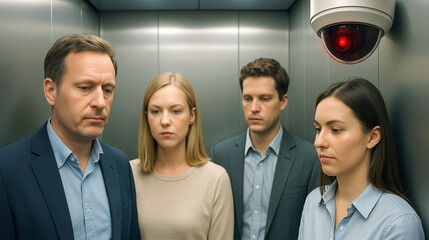 Four individuals stand close together in a crowded elevator, displaying expressions of concern and anxiety. The setting is a corporate building, emphasizing a tense atmosphere