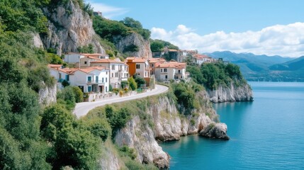 Obraz premium A picturesque coastal village clings to a cliffside. White and terracotta houses line a winding road overlooking a calm, blue sea. Lush green vegetation covers the cliffs. The high-resolution image b