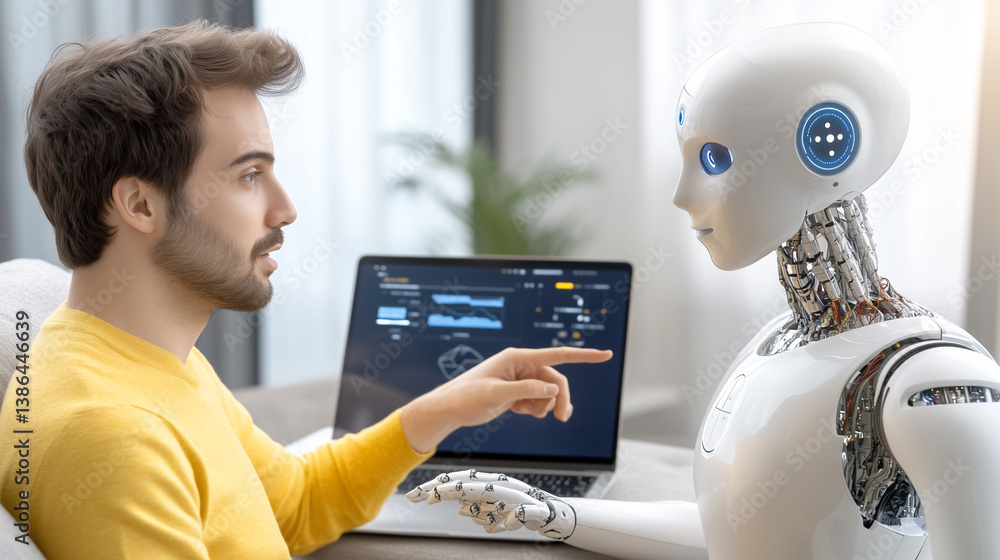 Poster a man in a yellow sweater engages in a conversation with a humanoid robot. they share an interactive