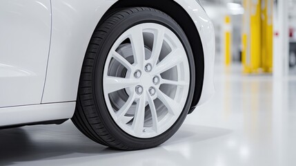 A white cars wheel, featuring a ten-spoke design, is sharply in focus. The background is a blurred industrial setting. High-quality image, well-lit, showcasing a clean aesthetic. The color palette