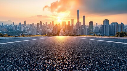 Asphalt Road Leading to a Stunning City Skyline at Sunset. Urban Landscape Photography