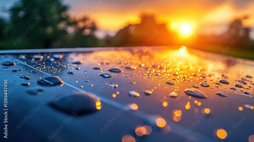 Poster dew drops glisten on a wooden surface as the sun sets in the background, creating a tranquil evening