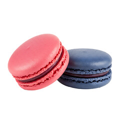 two macaroons in raspberry and blueberry isolated on white background