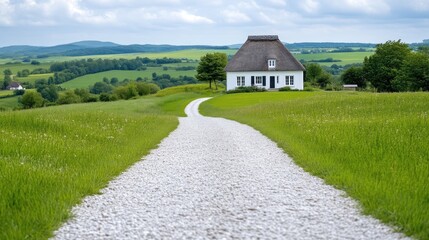A charming white house with a thatched roof sits on a grassy hill. A gravel path leads to it, flanked by verdant fields. The idyllic scene features rolling hills in the background under a slightly clo