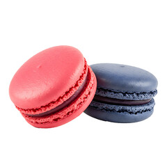two macaroons in raspberry and blueberry isolated on white background
