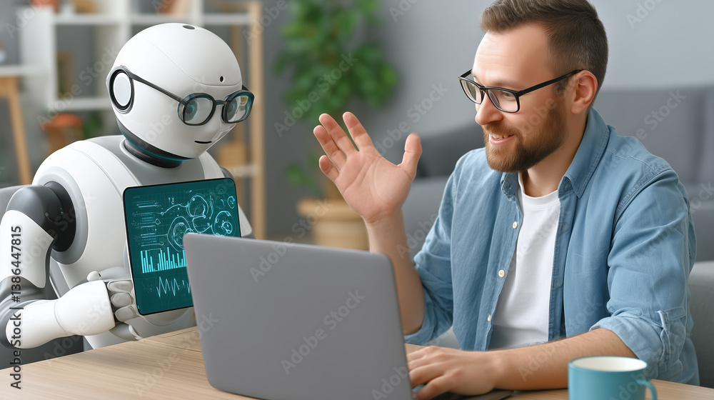 Poster in a contemporary office space, a man interacts with a friendly robot while working on a laptop. the