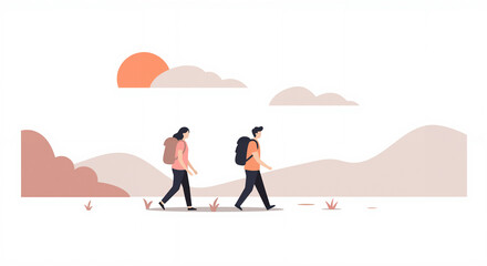 Two hikers enjoying a sunset while walking in nature  