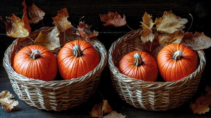 Autumn Harvest: A Still Life of Pumpkins in Rustic Baskets with Fallen Leaves