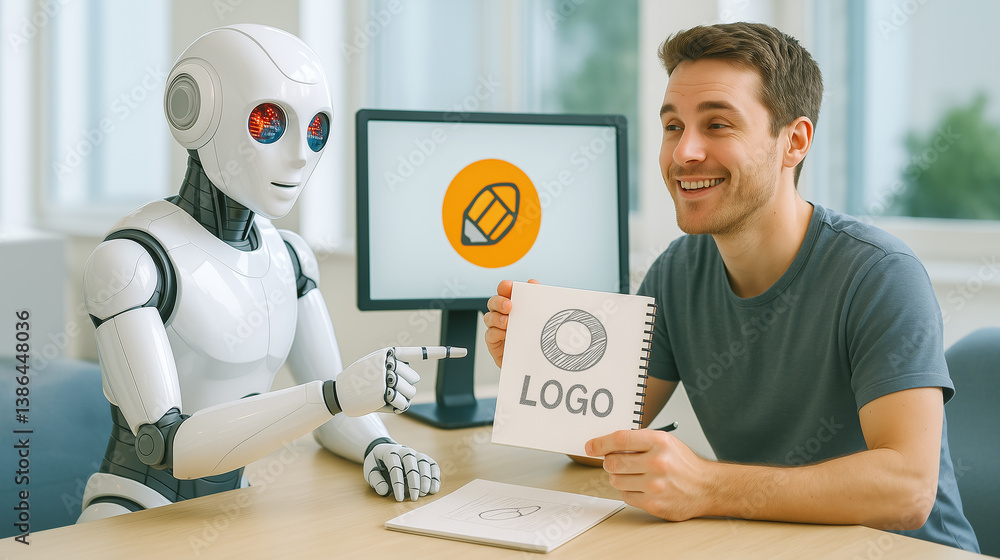 Poster a man and a humanoid robot engage in a design session, discussing a logo concept in a contemporary o