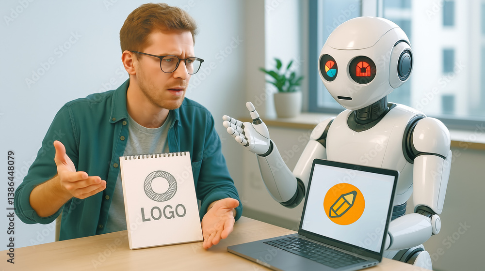 Poster a designer sits at a desk with a sketch pad displaying a logo and gestures towards a robot assistant