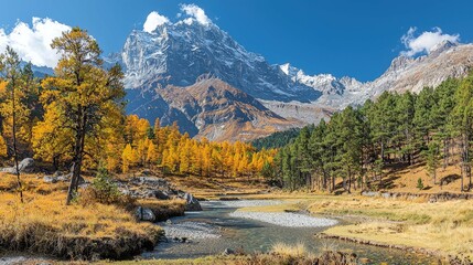 Autumn Landscape: Majestic Mountains, Golden Trees, and a Serene River Valley