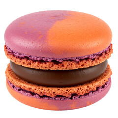 Delicious purple and orange macaroon with chocolate isolated on white background 