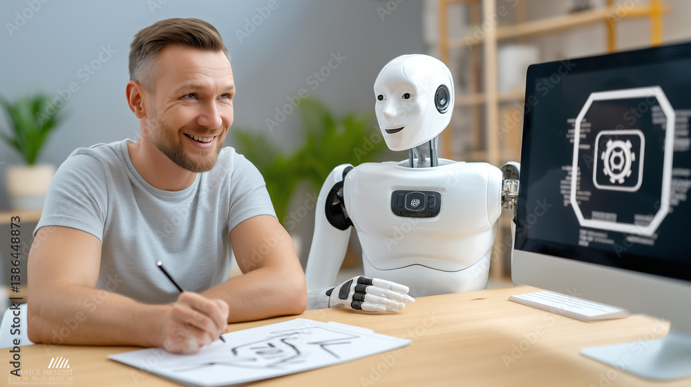 Poster a man smiles while sketching diagrams on paper next to a humanoid robot in a bright office environme
