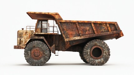 Obraz premium Rusty dump truck, isolated, white background, decay, mining
