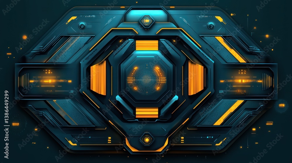 Poster futuristic geometric technology interface design with neon elements and digital displays