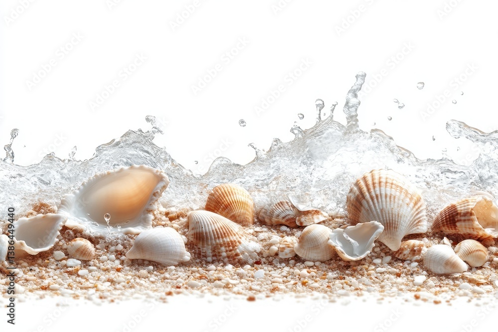 Poster waves crashing on a sandy shore revealing various seashells in a tranquil beach setting during the g
