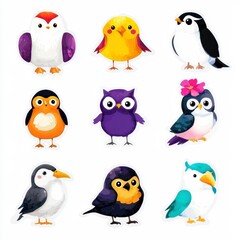 Fototapeta premium Nine Adorable Cartoon Birds on White Background
