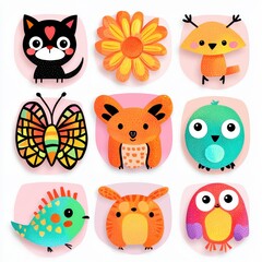 Naklejka premium Nine Whimsical Animal and Flower Illustrations