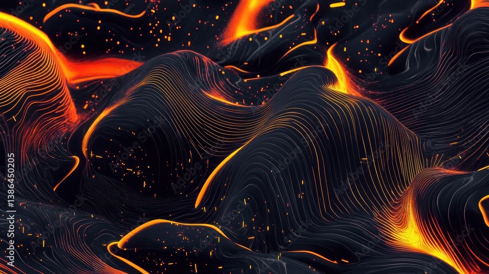 Poster abstract flowing waves with glowing lines and particles in warm tones against a dark background