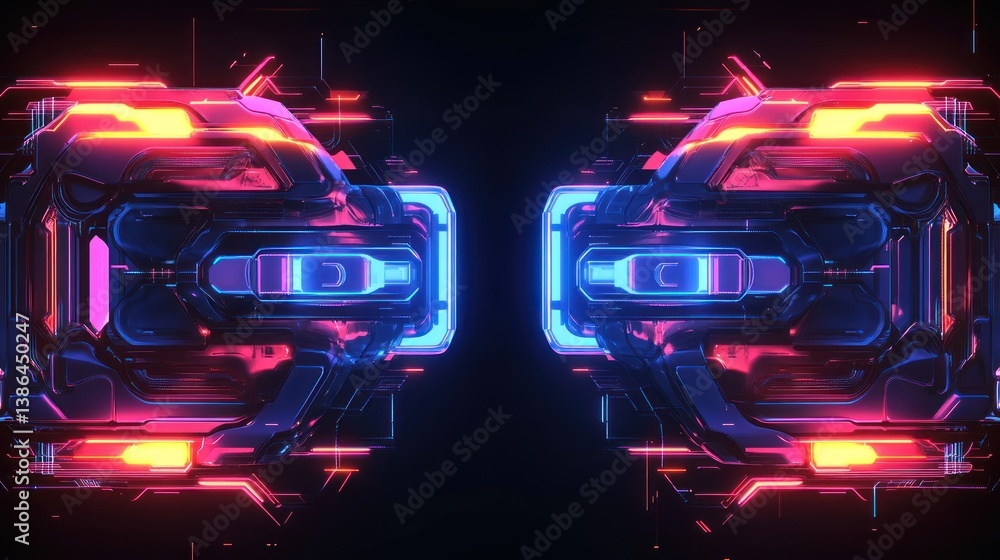 Poster glowing abstract digital background with futuristic shapes and neon colors for technology and modern