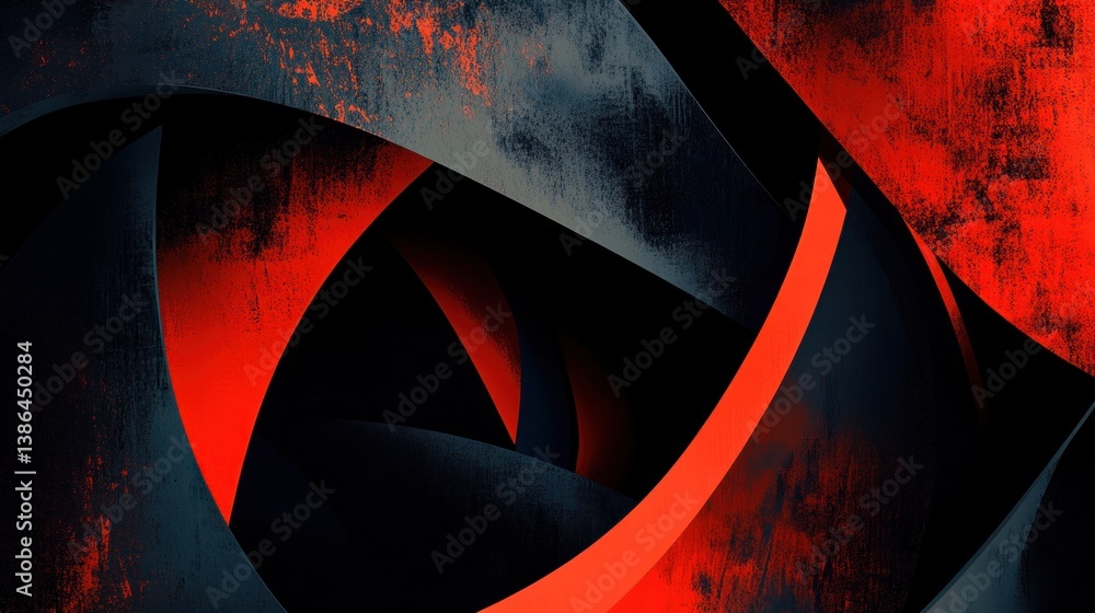 Poster abstract art with dark shapes and fiery red accents radiating energy and depth in an intriguing geom