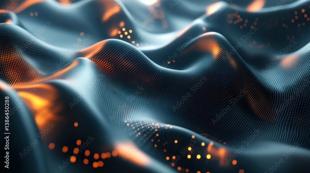 Poster abstract digital waves with glowing particles in blue and orange color scheme
