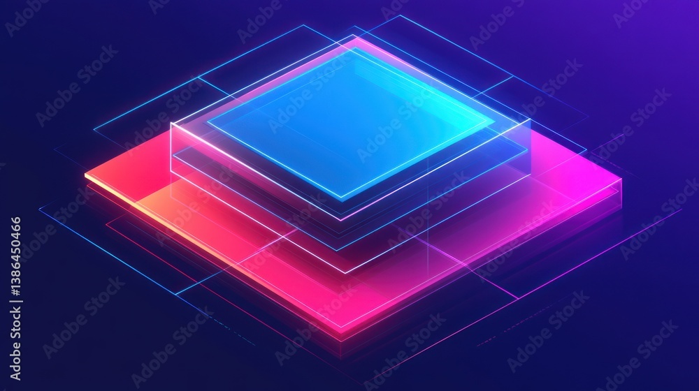 Poster abstract layered geometric shapes with neon colors and soft glow on dark background for technology a