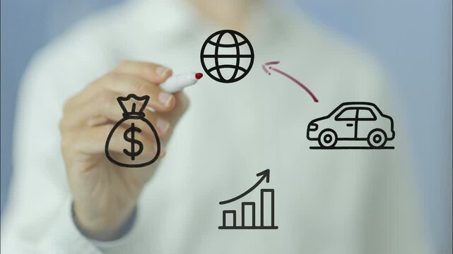 Businessman drawing several schemes on a transparent board showing the correlation between international car trade, tariffs, and increasing profits