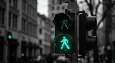 Green Pedestrian Walk Signal Selective Color City Street Sign