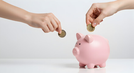 Two Hands Inserting Coins into Pink Piggy Bank on White Background in Studio