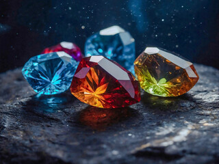Cosmic gemstones glimmering against a starry dark background.