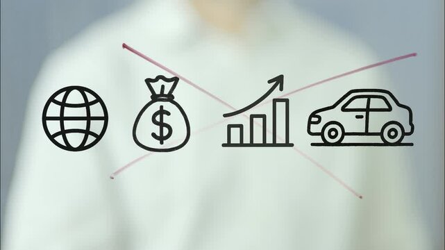 Businessman drawing and crossing out icons representing international car imports, rising costs, and import tariffs on transparent screen, symbolizing declining automotive market