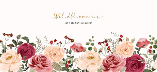 red pink peach floral watercolor seamless border; bouquet of roses seamless border