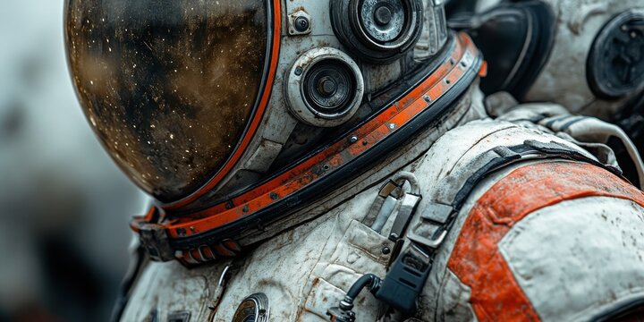 Detail-oriented view of a weathered astronaut suit showcasing intricate design and wear from space activities, highlighting the complexity of space exploration at a futuristic location - Powered by Adobe
