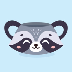 Cute cup in the shape of raccoon head. Vector illustration