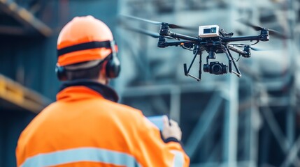 Industrial drone operator in safety gear operating a drone for inspection.