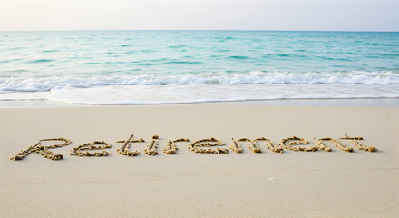 Fototapeta premium Retirement Written on Sandy Beach with Turquoise Ocean and Blue Sky Background