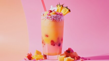 A colorful smoothie with tropical fruits, chia seeds, and coconut water. Featuring freshness and energy