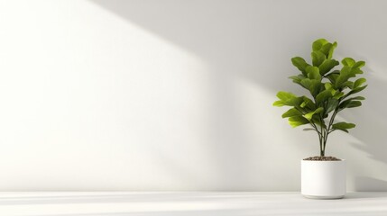 A ficus lyrata plant in a white pot sits against a minimalist white wall. The image features soft, natural lighting. Its a clean, simple aesthetic. The color palette is muted, creating a calm mood.