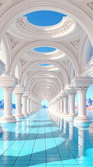 Obraz premium White colonnade hallway leading to a serene vista