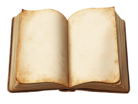 Open book with yellowed, aged pages on a transparent background