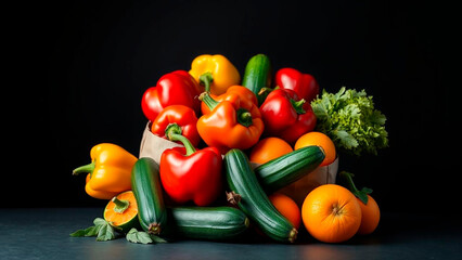 A colorful assortment of fresh produce, including peppers, zucchini, oranges and leafy greens spilling from a paper bag against a dark background.